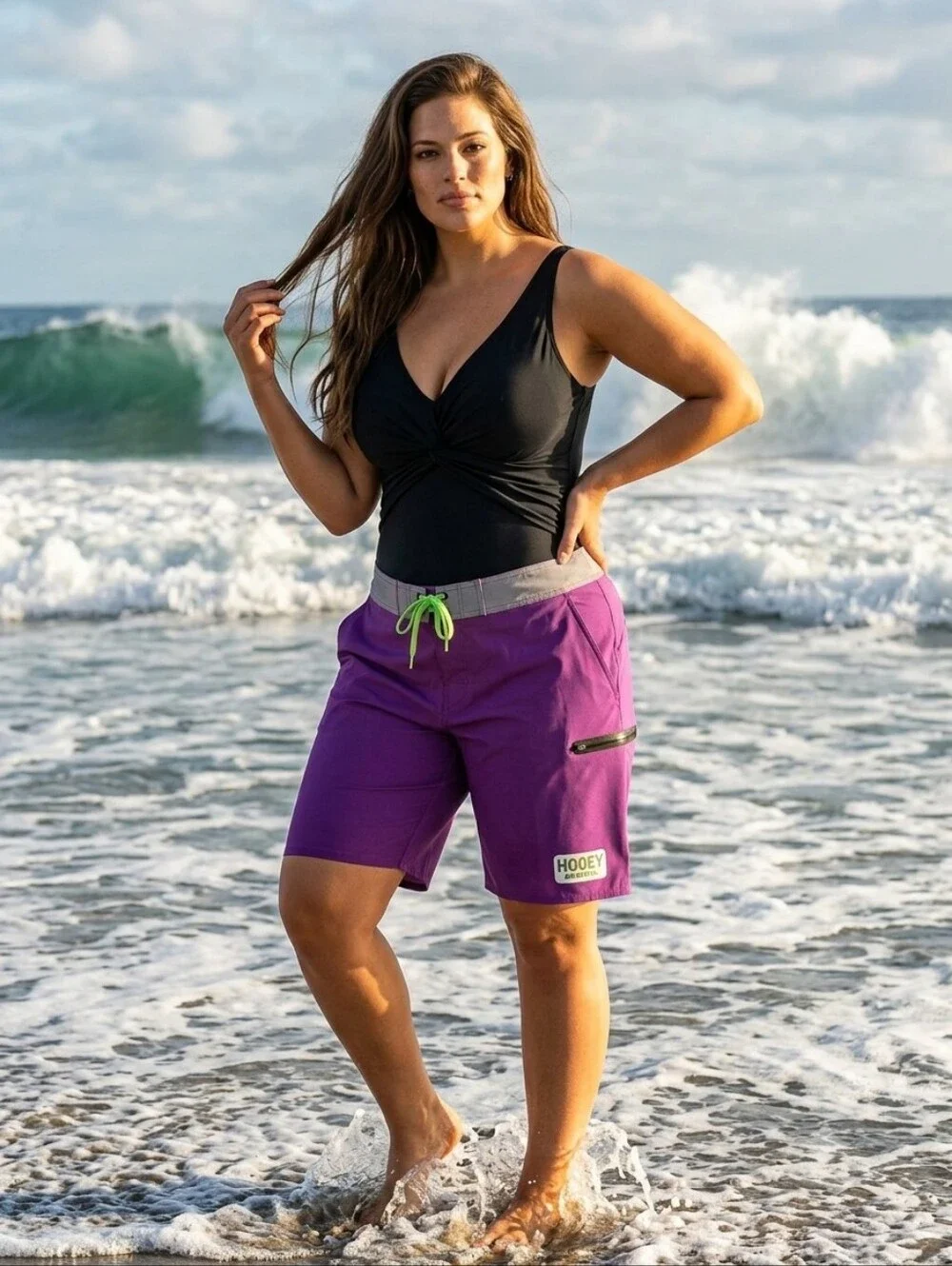 HOOEY Purple Board Shorts with Gray Waistband and Neon Green Drawcord Size XL